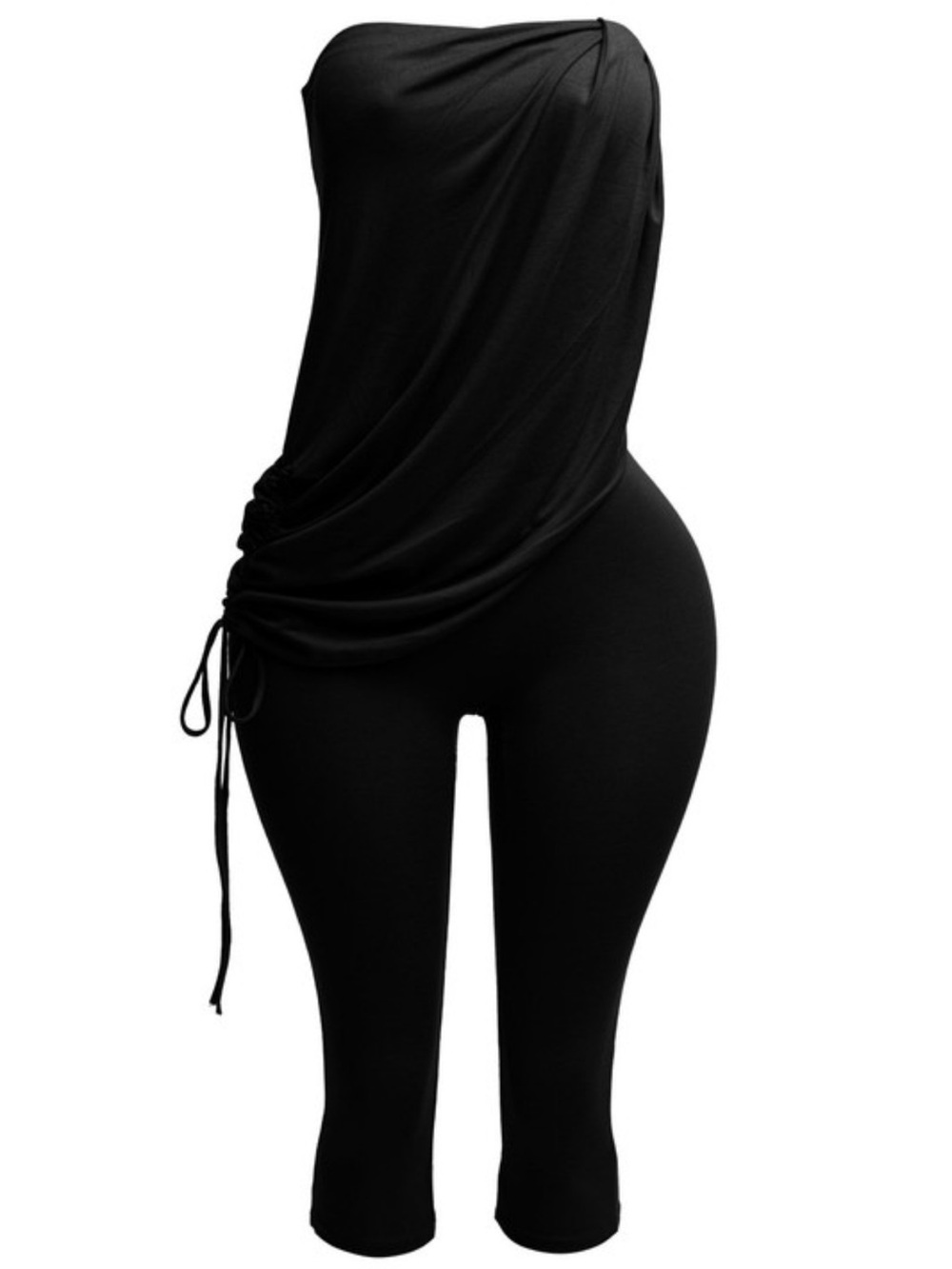 Strapless Black Capri Jumpsuit with Side Drawstring